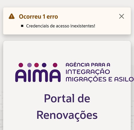 The image displays an error message indicating that access credentials do not exist for the AIMA agency's migration and asylum renewal portal. (Captioned by AI)