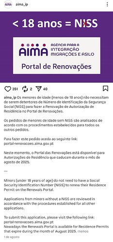 The image is an informational post from AIMA regarding the renewal process for residence permits, informing that minors under 18 do not need a Social Security Identification Number (NISS) for their applications. (Captioned by AI)