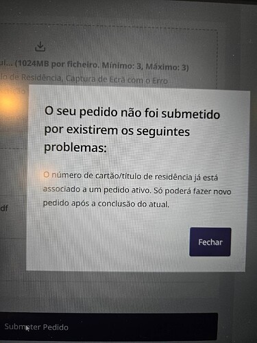 The image displays a message indicating that a submitted request could not be processed due to an existing active request associated with the residence card number. (Captioned by AI)