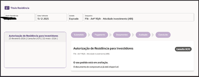 The image displays a residence permit form for investors in Portuguese, indicating an expiration date of December 15, 2025, and noting that the request is under evaluation. (Captioned by AI)
