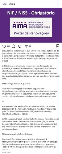 The image contains information about the mandatory provision of Tax Identification Number (NIF) and Social Security Identification Number (NISS) for residency permit renewals in Portugal effective after June 30, 2025, along with a suggestion to make appointments at the AIMA agency for those who do not have these numbers. (Captioned by AI)