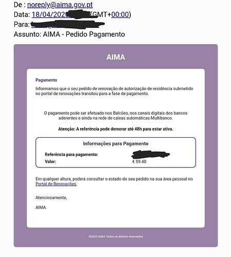 The image is an email notification from AIMA regarding the payment phase of a residency authorization renewal, detailing payment instructions and a reference for the transaction. (Captioned by AI)