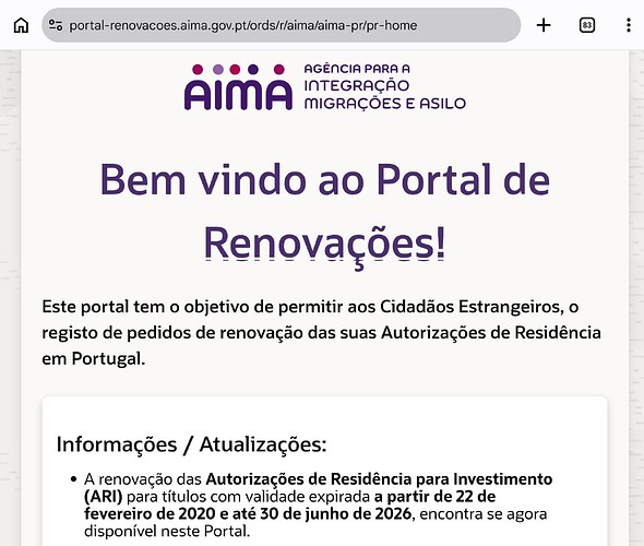 The image displays a welcome message for the Portuguese government portal designed for foreign citizens to register their residence permit renewal requests. (Captioned by AI)