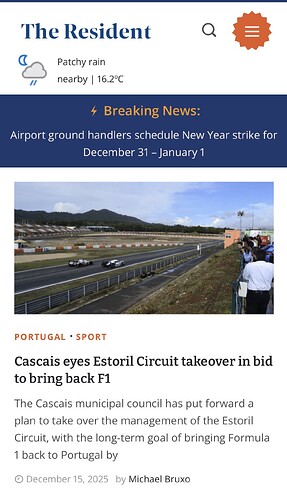 The image shows a news article on a website discussing Cascais' plans to take over the Estoril Circuit in Portugal to potentially revive Formula 1 racing. (Captioned by AI)