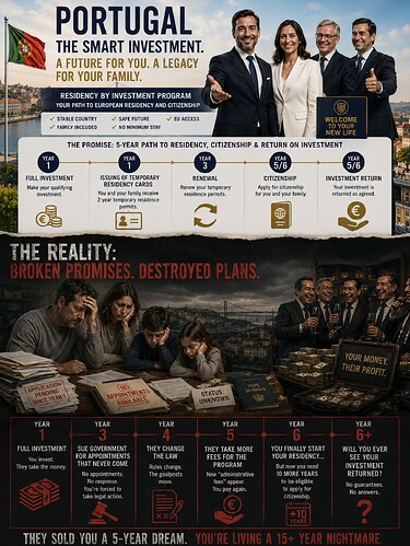 The image contrasts the appealing promises of Portugal's residency by investment program with the grim realities of broken commitments and prolonged struggles faced by applicants. (Captioned by AI)