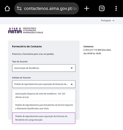 The image depicts a contact form on the AIMA (Agência para a Integração, Migrações e Asilo) website, specifically for requests related to residency authorization. (Captioned by AI)