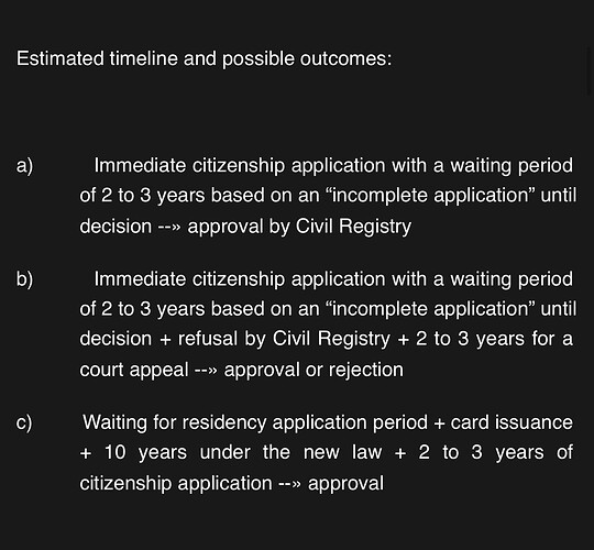 The image outlines estimated timelines and potential outcomes for citizenship applications based on various scenarios involving incomplete applications and residency waiting periods. (Captioned by AI)