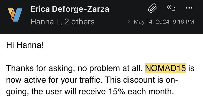 The image shows an email from Erica Deforge-Zarza to Hanna, confirming the activation of the discount code NOMAD15 that provides a 15% monthly discount. (Captioned by AI)