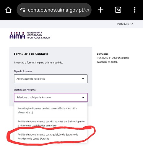 The image displays a contact form for the AIMA agency in Portugal, highlighting options for residency authorization and specifically mentioning the long-term resident status application. (Captioned by AI)
