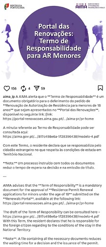 The image provides information about the required "Term of Responsibility" document for minors applying for residence permit renewals in Portugal, along with a link to the relevant portal. (Captioned by AI)
