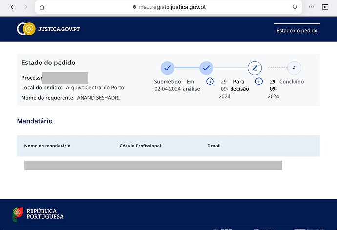 The image displays the status of a legal request submitted by Anand Seshadri, indicating it is currently under analysis and will be concluded by September 29, 2024. (Captioned by AI)