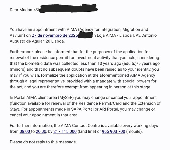 The image is a notification regarding an appointment to the AIMA agency in Lisbon, detailing information about the renewal of a residence permit for investment, appointment management options, and contact details. (Captioned by AI)