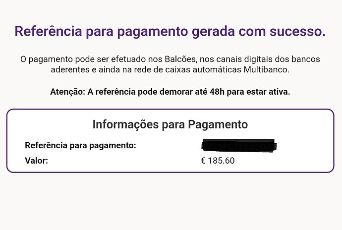 The image displays a payment reference generated successfully, including instructions for payment through various banking channels and a reminder that the reference may take up to 48 hours to activate. (Captioned by AI)