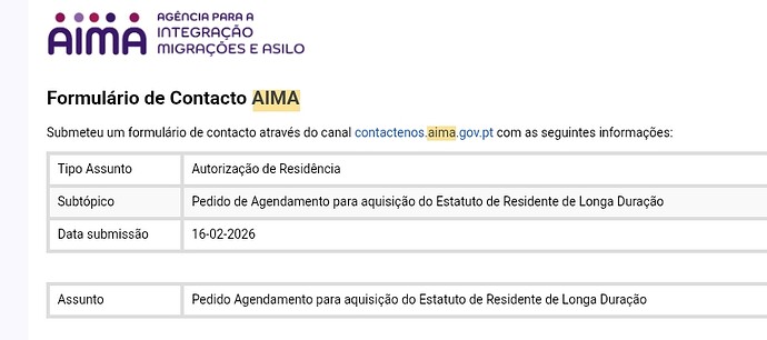 The image displays a contact form from the Portuguese agency for integration, migration, and asylum (AIMA), focusing on a residence authorization request submitted on February 16, 2026. (Captioned by AI)