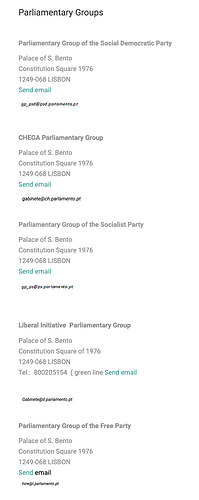 The image lists various parliamentary groups in Portugal, including their contact information and addresses. (Captioned by AI)