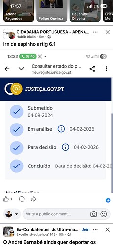The image shows a digital notification regarding the status of a citizenship application on a government website, indicating various stages including submission, analysis, decision, and conclusion dates. (Captioned by AI)