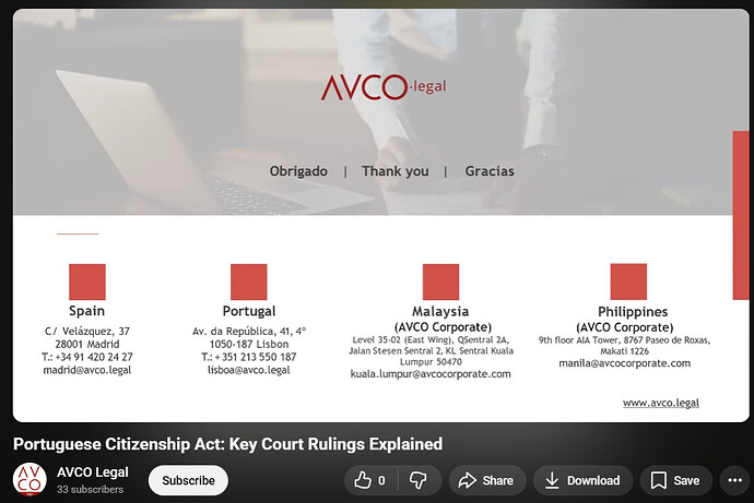 The image displays contact information for AVCO Legal, featuring office locations in Spain, Portugal, Malaysia, and the Philippines, alongside the title 'Portuguese Citizenship Act: Key Court Rulings Explained.' (Captioned by AI)