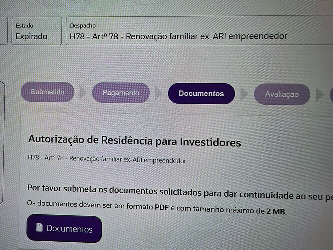 The image displays a digital interface related to an expired application for a residence authorization for investors, requiring the submission of specific documents in PDF format. (Captioned by AI)