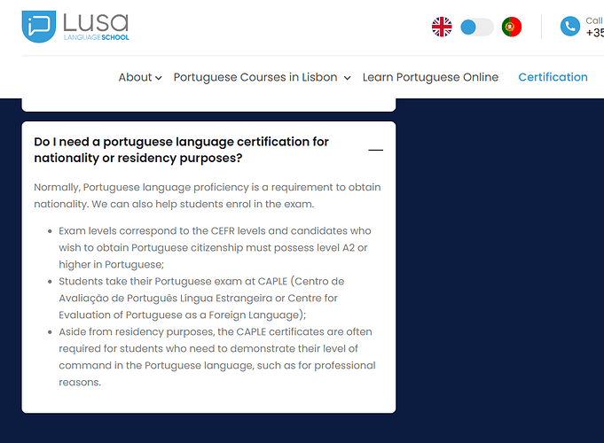The image features information from Lusa Language School about the necessity of Portuguese language certification for nationality or residency, detailing exam levels and eligibility requirements. (Captioned by AI)