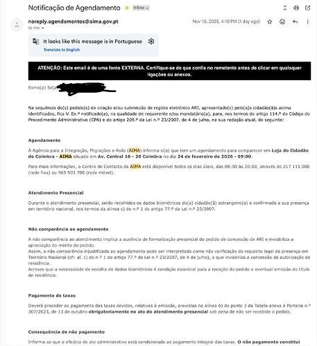 An email notification in Portuguese from the Agência para a Integração, Migrações e Asilo (AIMA) about an appointment regarding a document related to immigration services. (Captioned by AI)