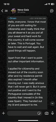 The image shows a WhatsApp message discussing citizenship applications and personal experiences related to residency and permits in Portugal and Spain. (Captioned by AI)