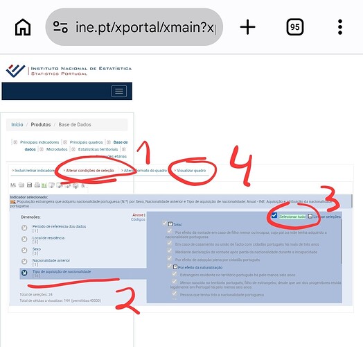 The image displays a screenshot of the Instituto Nacional de Estatística (Statistics Portugal) website, showing a data selection interface with highlighted options to alter selection conditions and visualize data related to Portuguese nationality. (Captioned by AI)