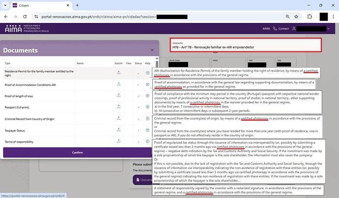 The image displays a webpage from a residency application portal, detailing the required documents for a family member's residence permit renewal, including certified photocopies and accommodation proof. (Captioned by AI)