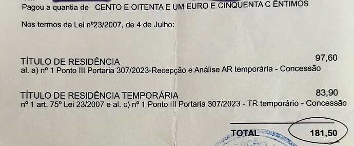 The image displays an official document detailing a payment of €181.50 for residence and temporary residence permits, along with references to specific legal provisions. (Captioned by AI)