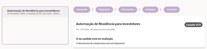 The image displays a digital interface concerning a residence authorization for investors, indicating stages of submission, payment, document evaluation, and the status of the application. (Captioned by AI)