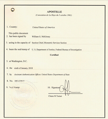 The image is an apostille document certifying a public document from the United States of America, signed by a Section Chief from the FBI and authenticated by the U.S. Department of State on January 9, 2018. (Captioned by AI)