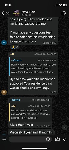 The image shows a WhatsApp chat discussion about citizenship approval and the expiration of a residence card. (Captioned by AI)