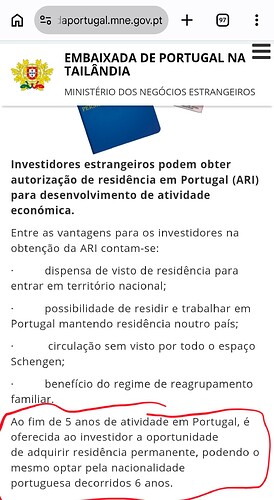 The image depicts a webpage from the Embassy of Portugal in Thailand outlining the benefits and conditions for obtaining a residency authorization for foreign investors in Portugal. (Captioned by AI)