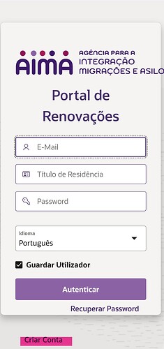 The image displays a login interface for the AIMA agency's renewal portal, featuring fields for email, residency title, password, language selection, and authentication options. (Captioned by AI)